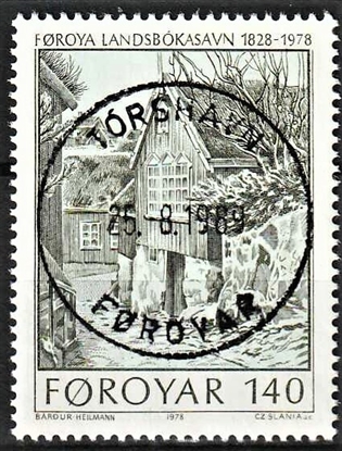 FRIMÆRKER FÆRØERNE | 1978 | AFA 34 | Landsbiblioteket 150 år - 140 øre grågrøn - Lux Stemplet